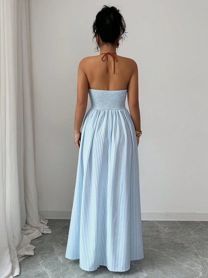 Women's Striped Plunging Halter Maxi Dress Beach Vacation Style