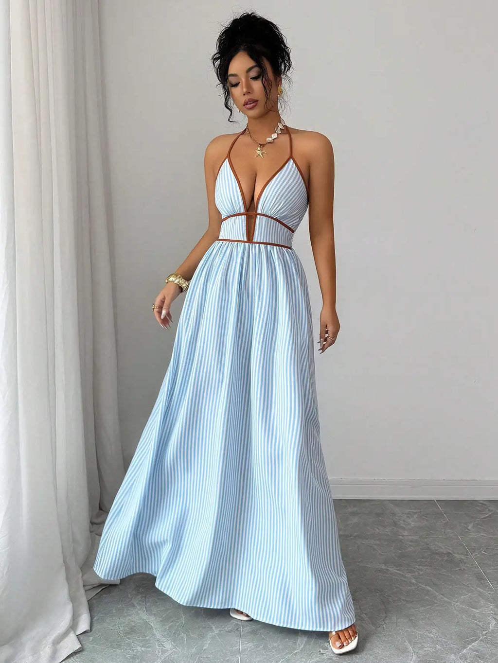 Women's Striped Plunging Halter Maxi Dress Beach Vacation Style