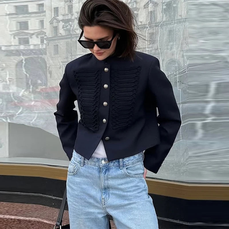 Retro Napoleon Jacket Women Fashion Panelled Mandarin Collar Button Slim Coats Lady 2026 Spring Autumn New In Outerwears