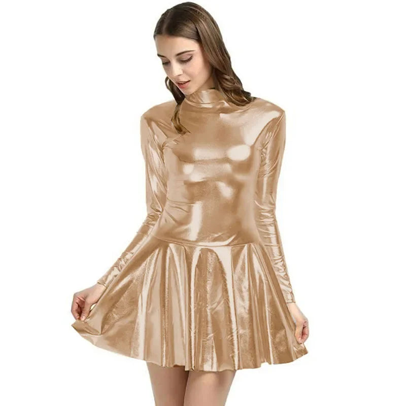 17 Colors Women Fashion Style Mini Dress Turtleneck Long Sleeve Vestido A-Line Pleated Hem Dress Night Party Dancing Clubwear