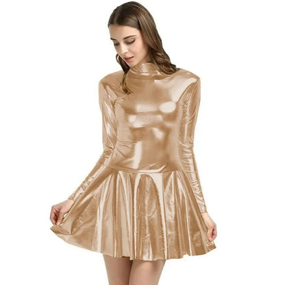 17 Colors Women Fashion Style Mini Dress Turtleneck Long Sleeve Vestido A-Line Pleated Hem Dress Night Party Dancing Clubwear