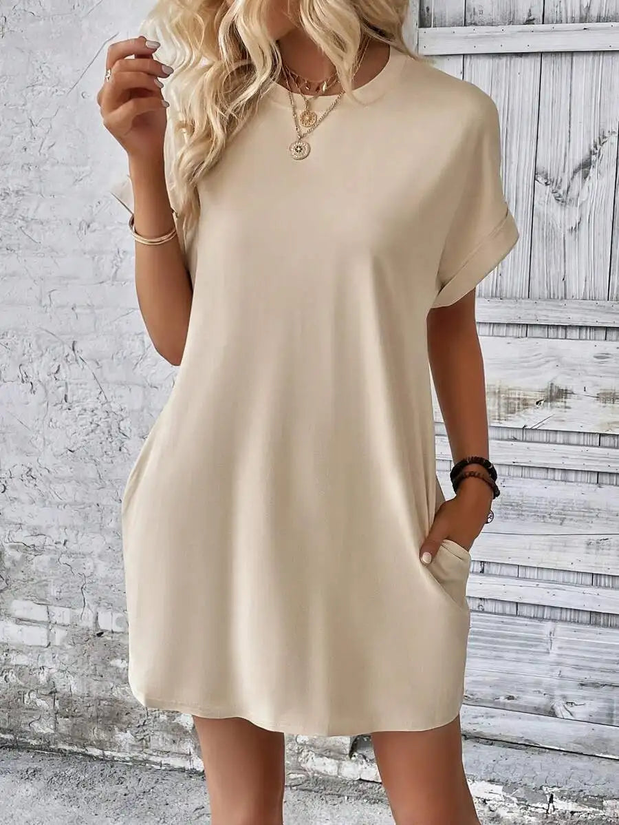 Beige Solid Batwing Sleeve Loose Mini Dress for Casual Summer Wear