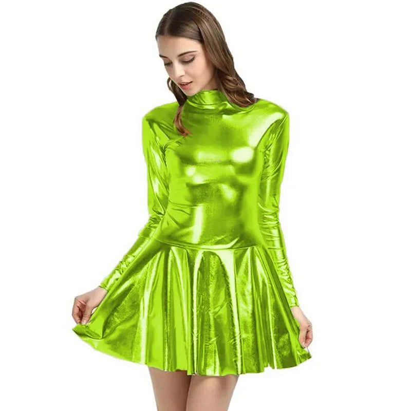 17 Colors Women Fashion Style Mini Dress Turtleneck Long Sleeve Vestido A-Line Pleated Hem Dress Night Party Dancing Clubwear