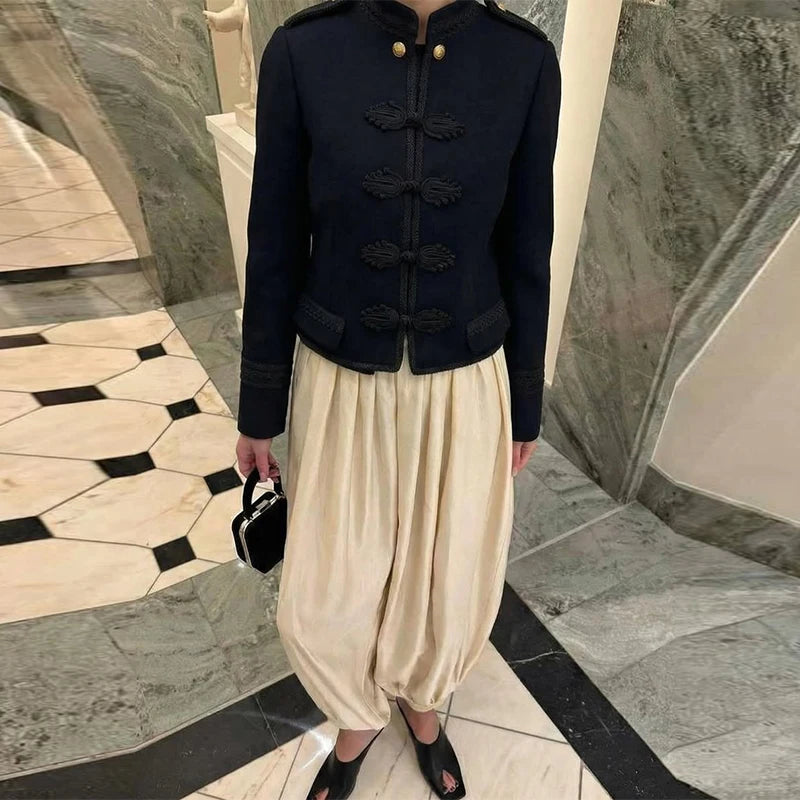Retro Napoleon Jacket Women Fashion Panelled Mandarin Collar Button Slim Coats Lady 2026 Spring Autumn New In Outerwears