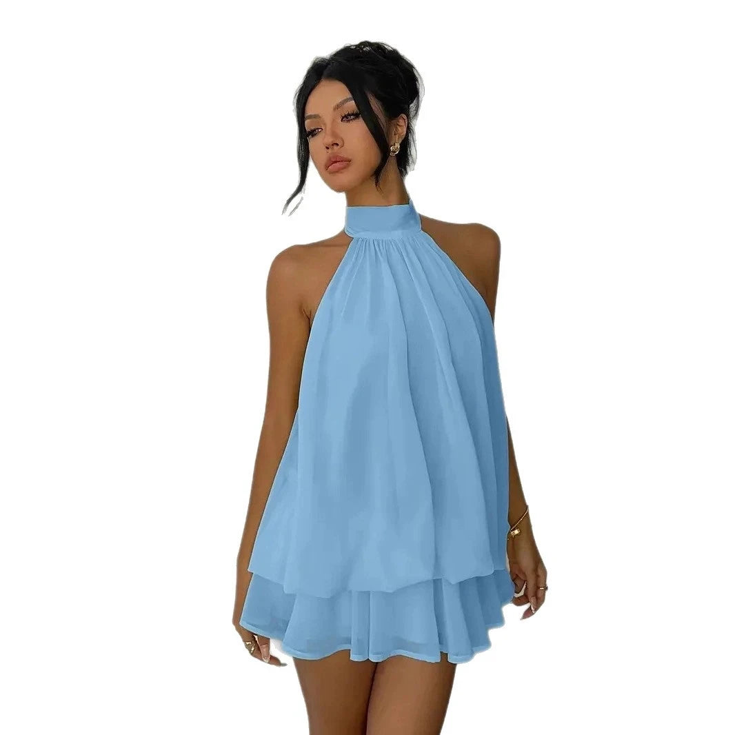 2026 Spring Summer Dress Sexy Backless neck hanging shoulder seaside vacation Sweet girl loose temperament Ruffle Mini Dress
