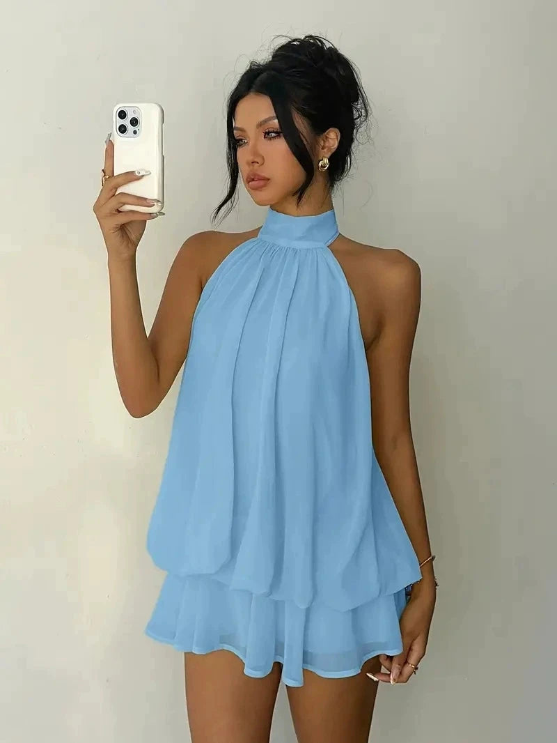2026 Spring Summer Dress Sexy Backless neck hanging shoulder seaside vacation Sweet girl loose temperament Ruffle Mini Dress
