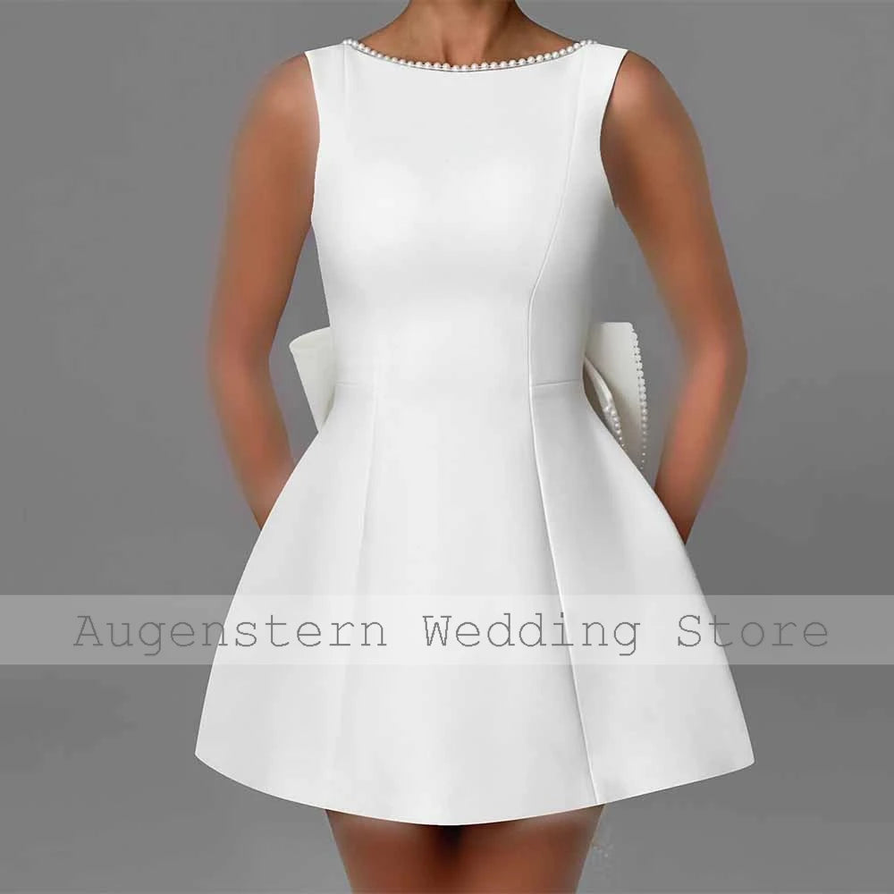 Mini SEXY Wedding Dresses Satin A-line Wedding Party Dress White O-Neck Pearls Bow Backless Zipper Short Wedding Dress 2025