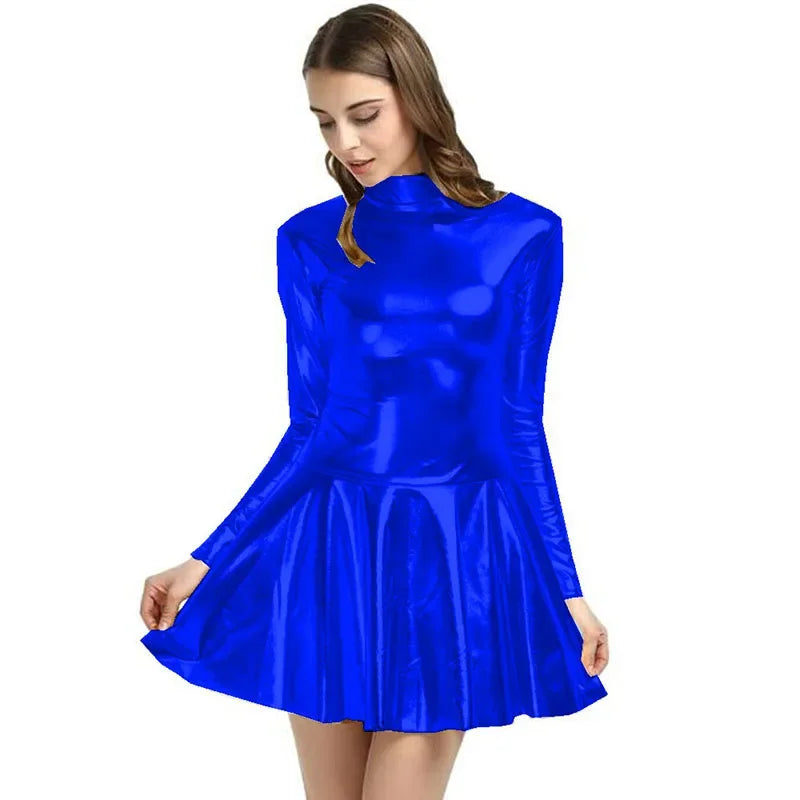 17 Colors Women Fashion Style Mini Dress Turtleneck Long Sleeve Vestido A-Line Pleated Hem Dress Night Party Dancing Clubwear