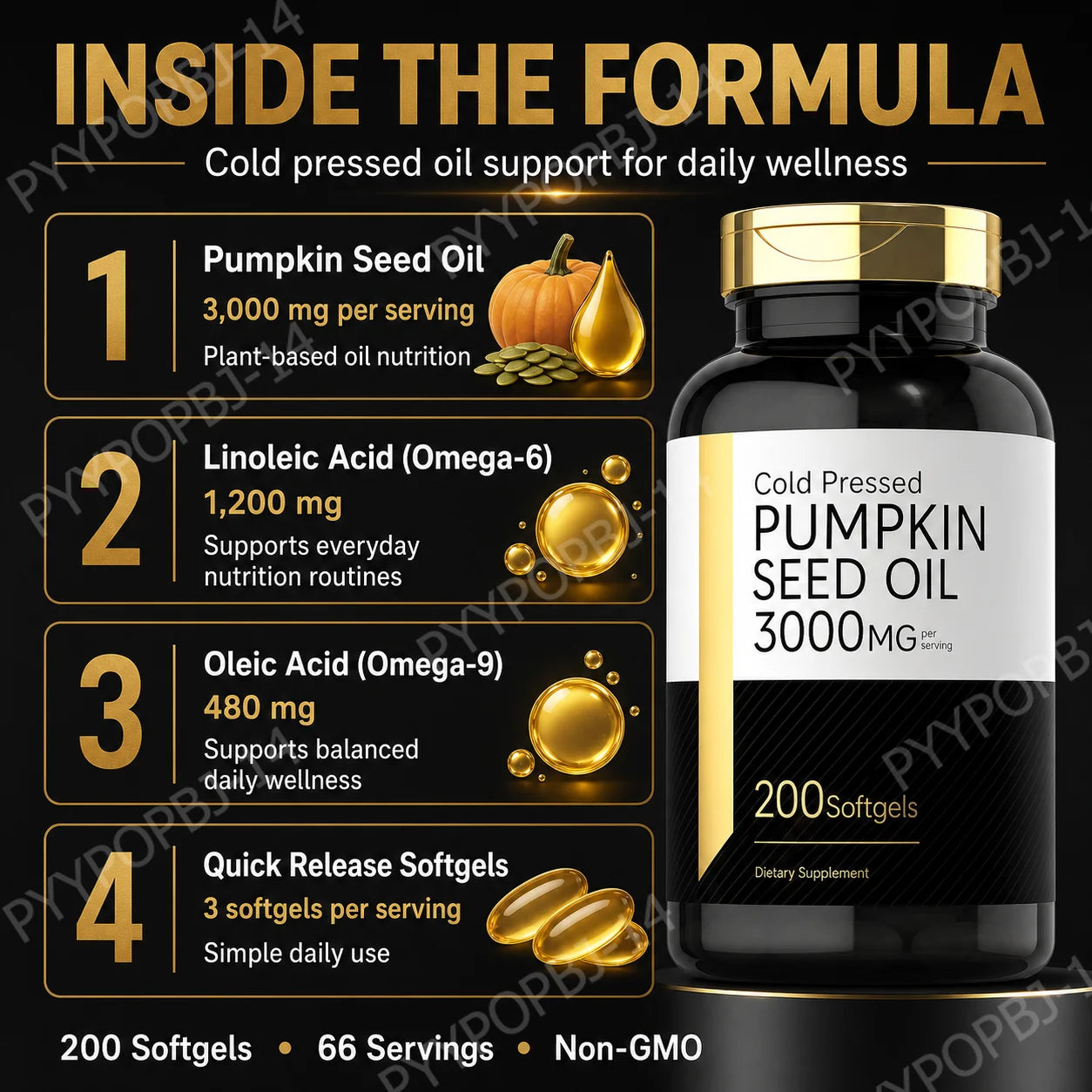 Pumpkin Seed Oil Capsules 3000mg Extract Body Essential Fatty Acids Cold Pressed Non-GMO Gluten Free 200 Count Supplement