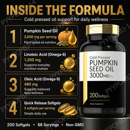 Pumpkin Seed Oil Capsules 3000mg Extract Body Essential Fatty Acids Cold Pressed Non-GMO Gluten Free 200 Count Supplement
