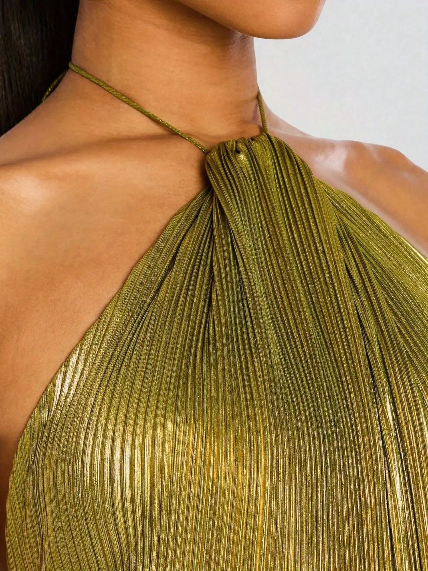 Metallic Olive Green Pleated Halter Maxi Dress with High Slit, Elegant Evening Gown