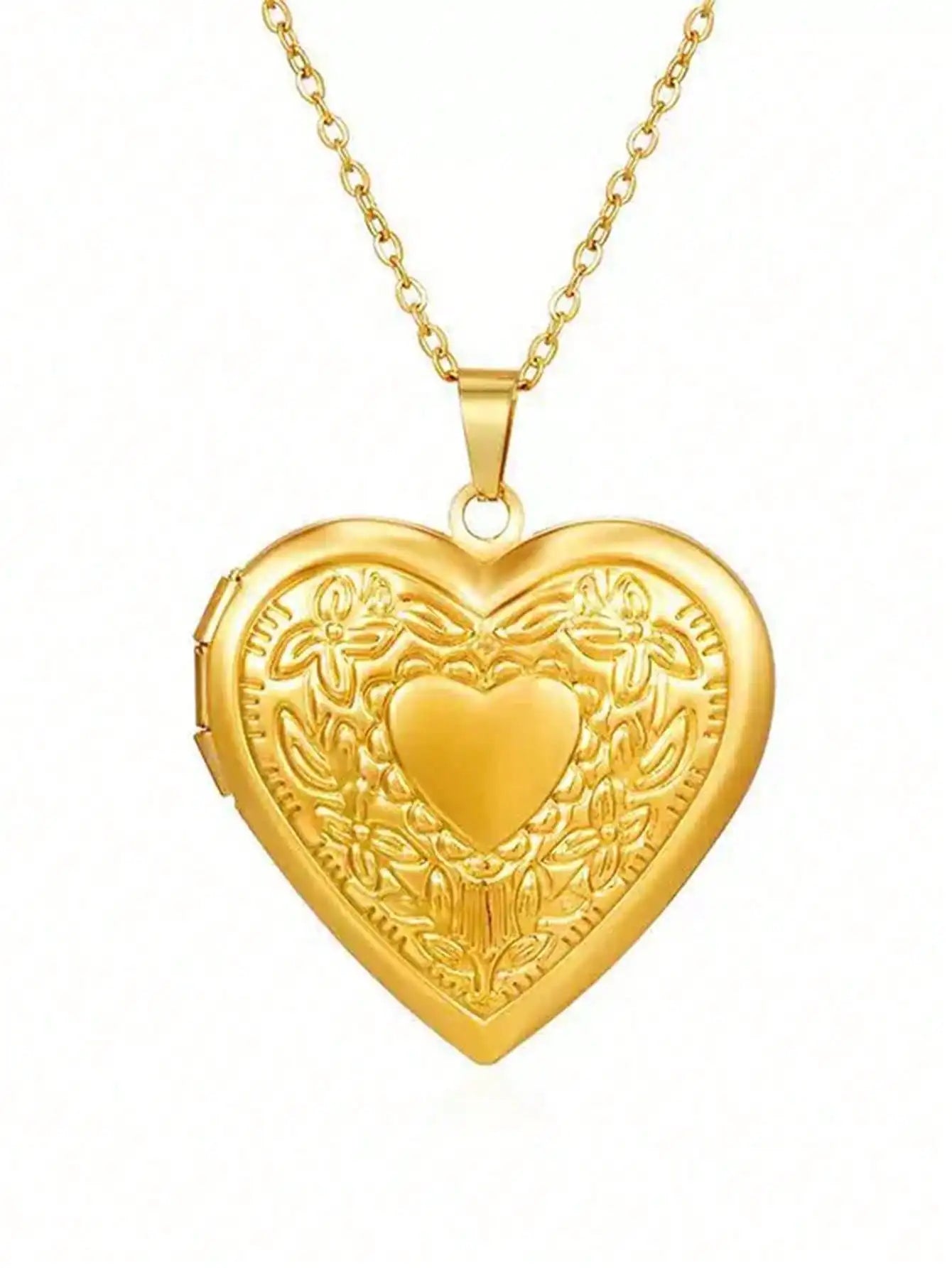 Gold Tone Vintage Locket Pendant Necklace with Heart & Oval Designs