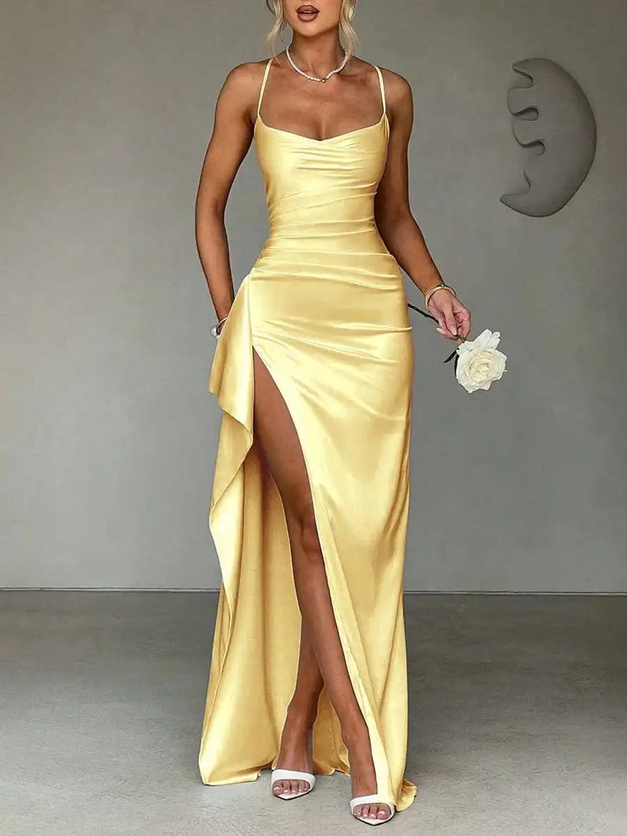 Navy Blue Satin Slip Dress with High Slit and Ruched Waist