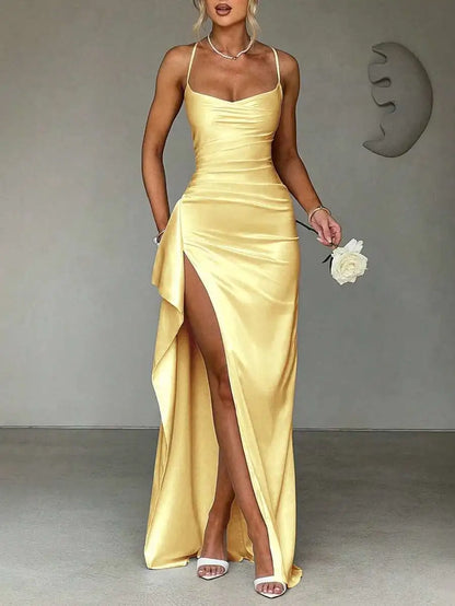 Navy Blue Satin Slip Dress with High Slit and Ruched Waist