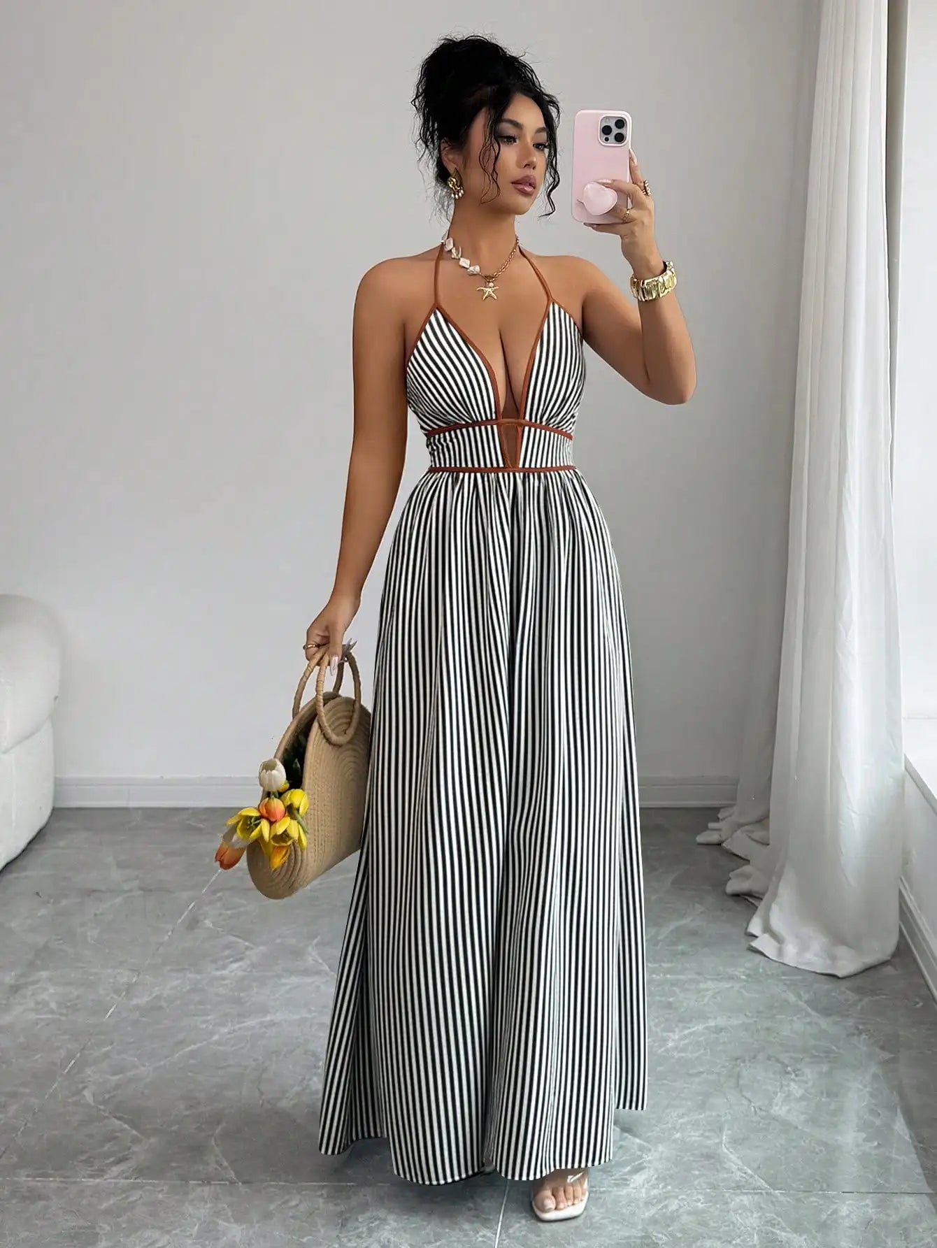 Women's Striped Plunging Halter Maxi Dress Beach Vacation Style