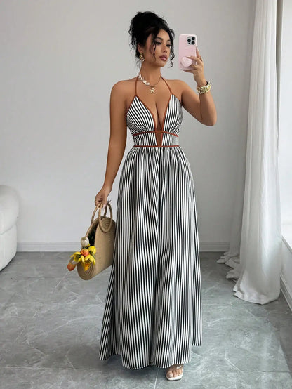 Women's Striped Plunging Halter Maxi Dress Beach Vacation Style