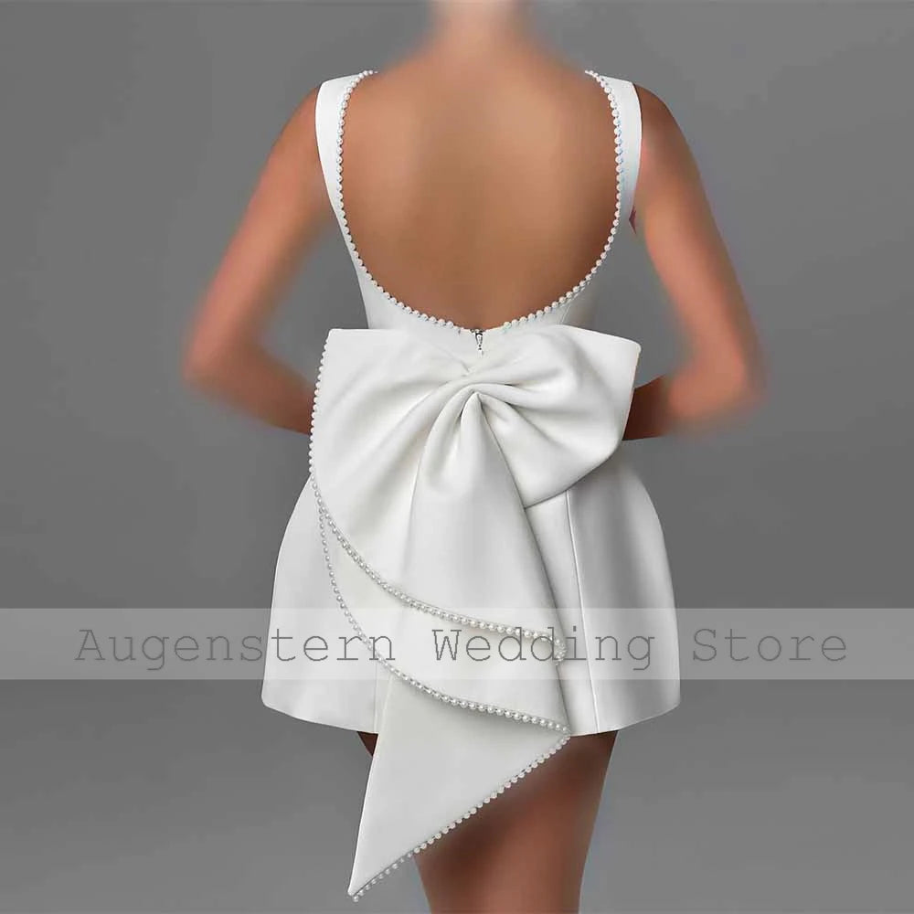 Mini SEXY Wedding Dresses Satin A-line Wedding Party Dress White O-Neck Pearls Bow Backless Zipper Short Wedding Dress 2025