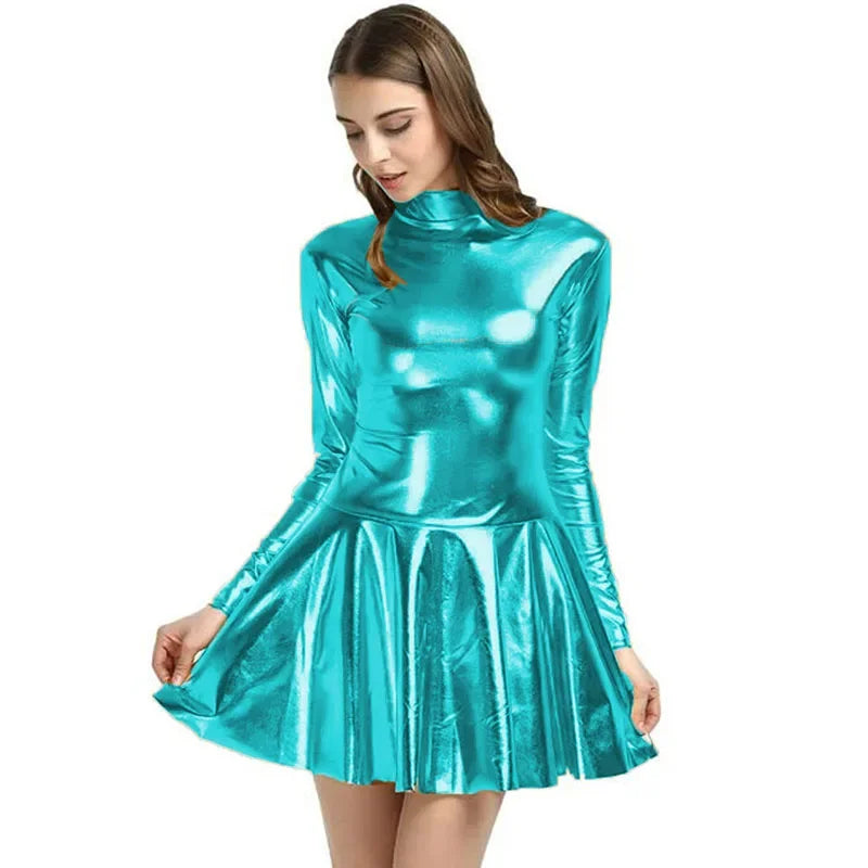 17 Colors Women Fashion Style Mini Dress Turtleneck Long Sleeve Vestido A-Line Pleated Hem Dress Night Party Dancing Clubwear
