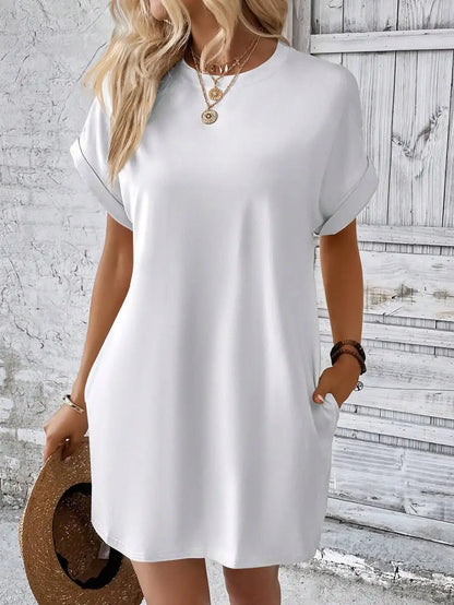 Beige Solid Batwing Sleeve Loose Mini Dress for Casual Summer Wear