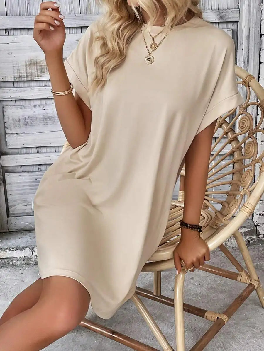 Beige Solid Batwing Sleeve Loose Mini Dress for Casual Summer Wear