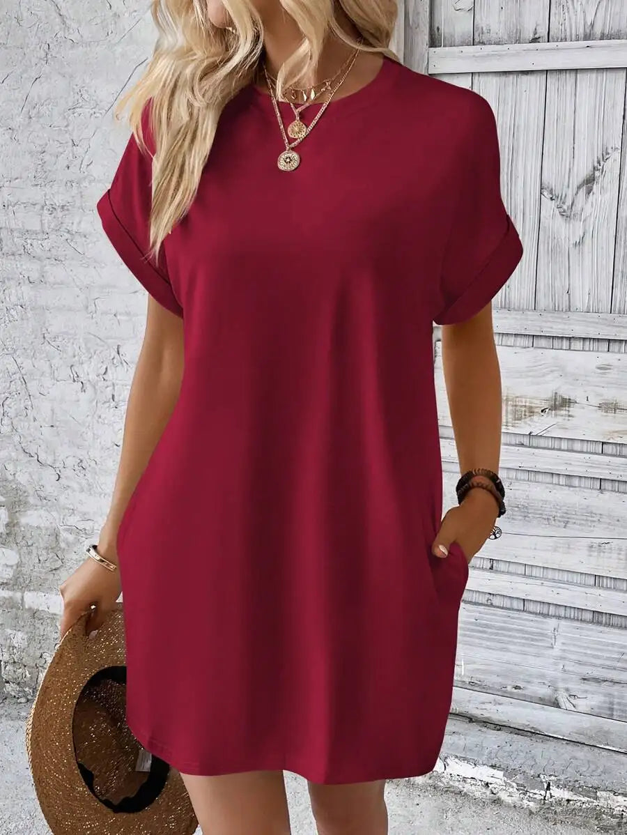 Beige Solid Batwing Sleeve Loose Mini Dress for Casual Summer Wear