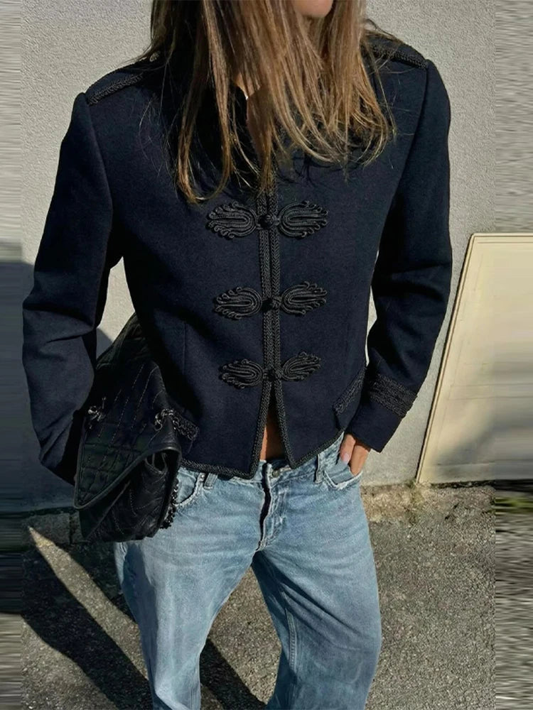 Retro Napoleon Jacket Women Fashion Panelled Mandarin Collar Button Slim Coats Lady 2026 Spring Autumn New In Outerwears