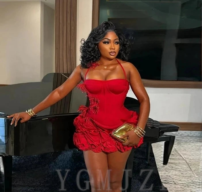 Mini Cocktail Dresses Halter Flowers Red Birthday Dress Homecoming Sexy Short Prom Wedding Party Gowns Black Girl Customized
