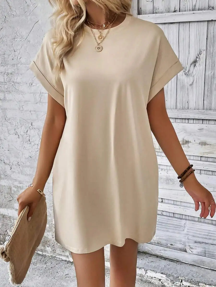 Beige Solid Batwing Sleeve Loose Mini Dress for Casual Summer Wear