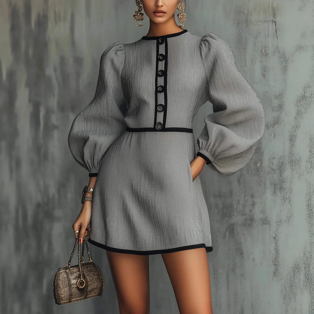2026 Slim Mini Dress Women's Elegant Lantern Sleeve Round Neck Button-Down Dress Spring Fall Office Commuting A-Line Dress