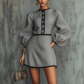 2026 Slim Mini Dress Women's Elegant Lantern Sleeve Round Neck Button-Down Dress Spring Fall Office Commuting A-Line Dress