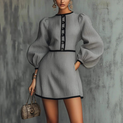 Women's Lantern Sleeve Button-Down A-Line Mini Dress