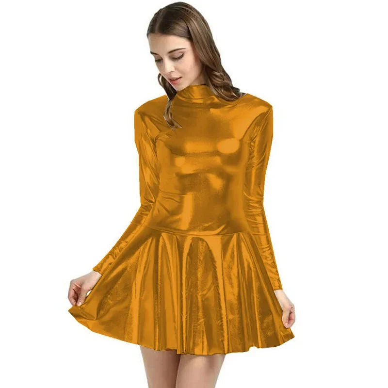 17 Colors Women Fashion Style Mini Dress Turtleneck Long Sleeve Vestido A-Line Pleated Hem Dress Night Party Dancing Clubwear