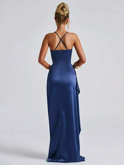 Navy Blue Satin Slip Dress with High Slit and Ruched Waist