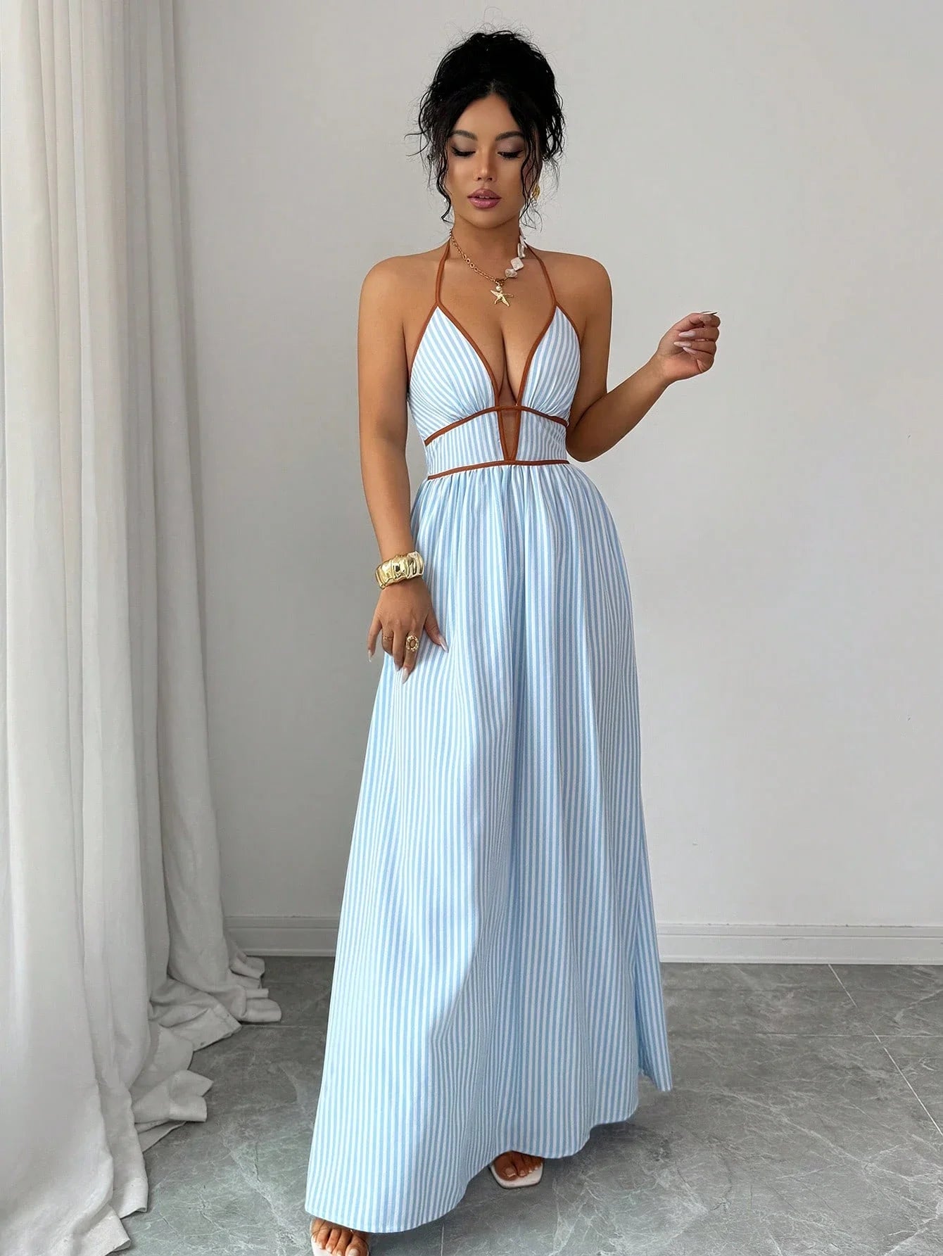 Women's Striped Plunging Halter Maxi Dress Beach Vacation Style