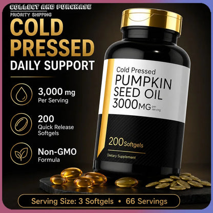 Pumpkin Seed Oil Capsules 3000mg Extract Body Essential Fatty Acids Cold Pressed Non-GMO Gluten Free 200 Count Supplement
