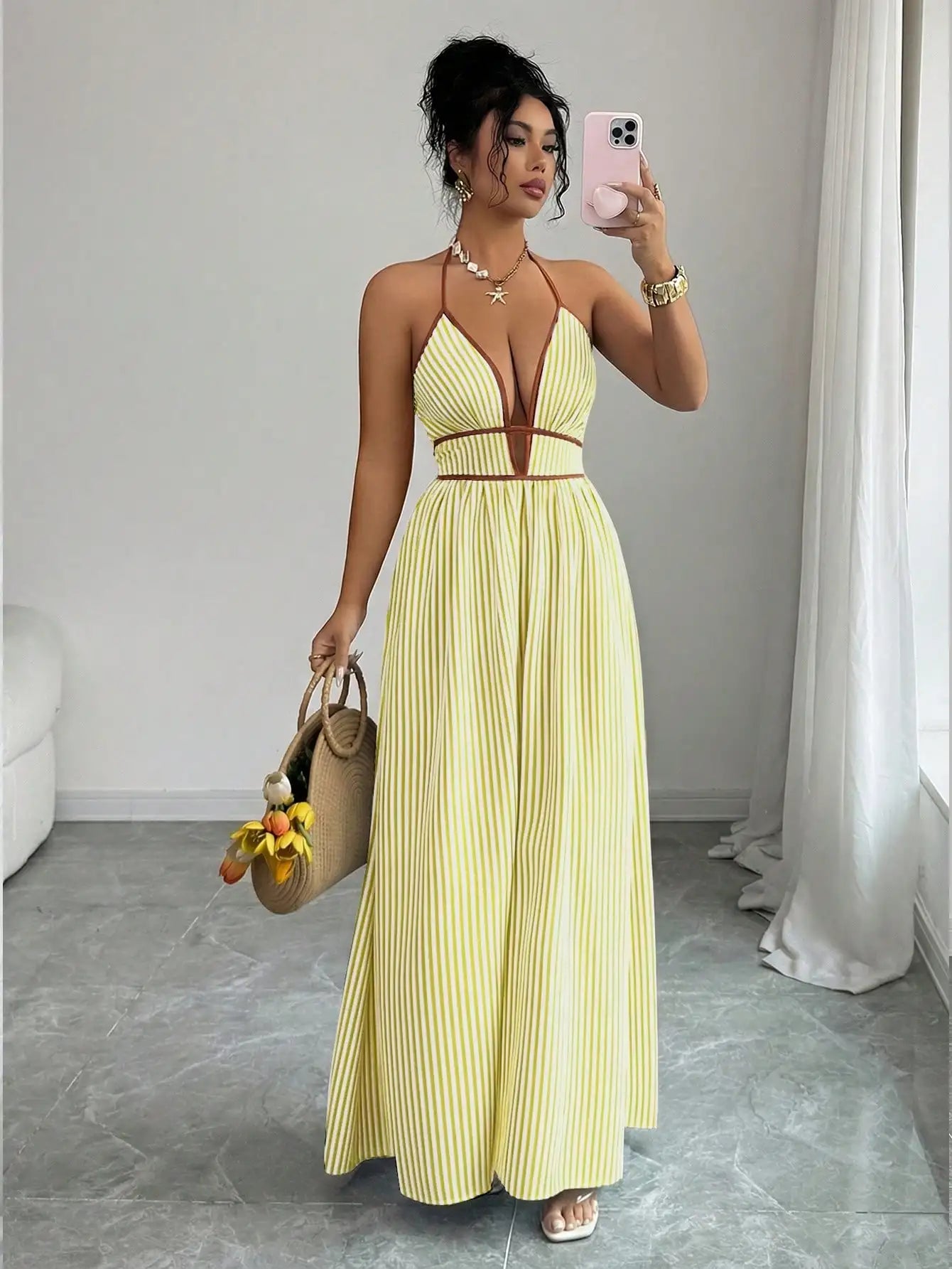 Women's Striped Plunging Halter Maxi Dress Beach Vacation Style