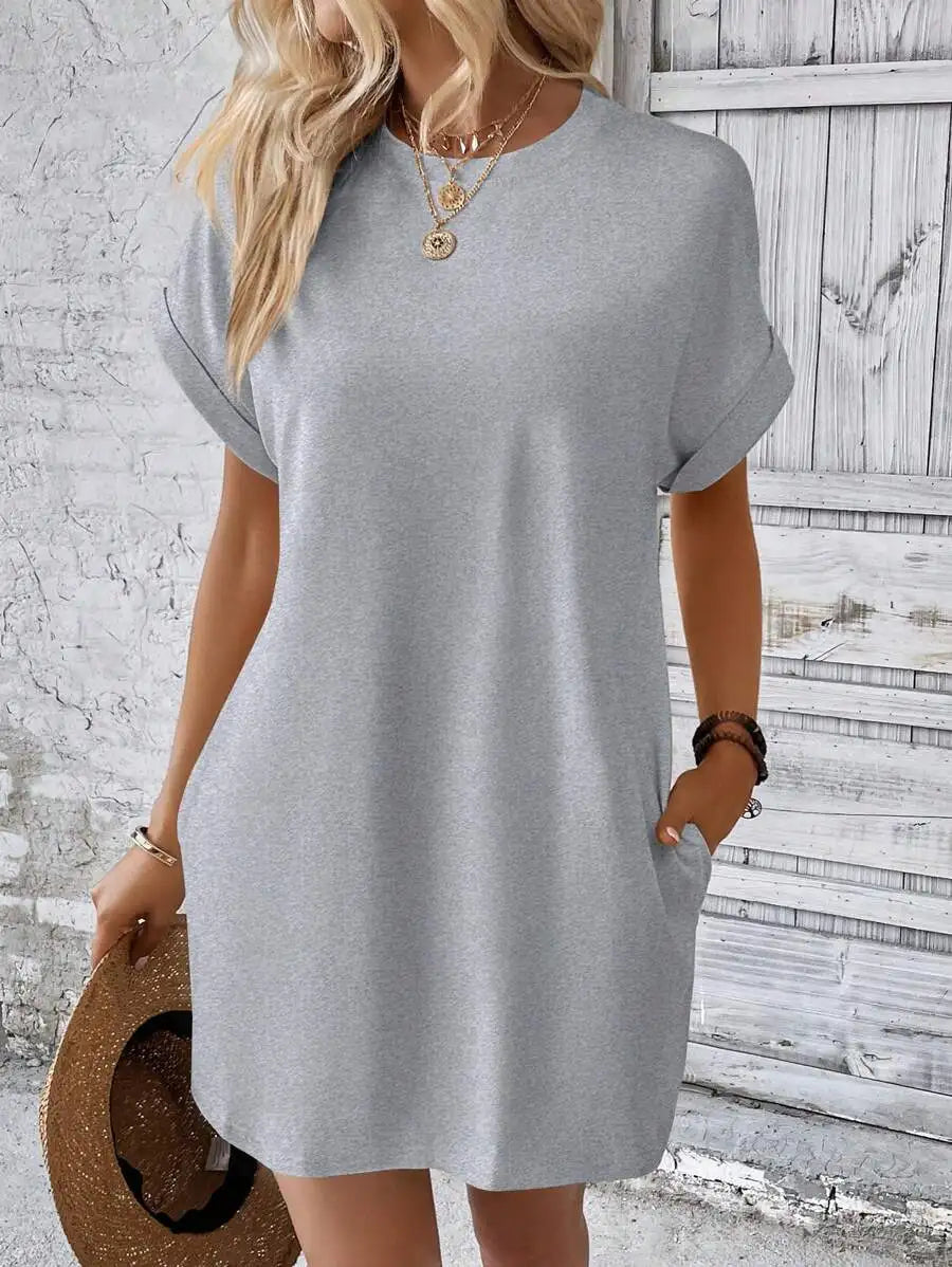 Beige Solid Batwing Sleeve Loose Mini Dress for Casual Summer Wear
