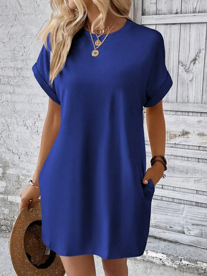 Beige Solid Batwing Sleeve Loose Mini Dress for Casual Summer Wear