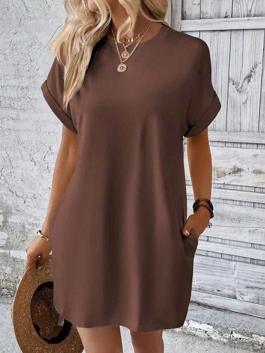 Beige Solid Batwing Sleeve Loose Mini Dress for Casual Summer Wear