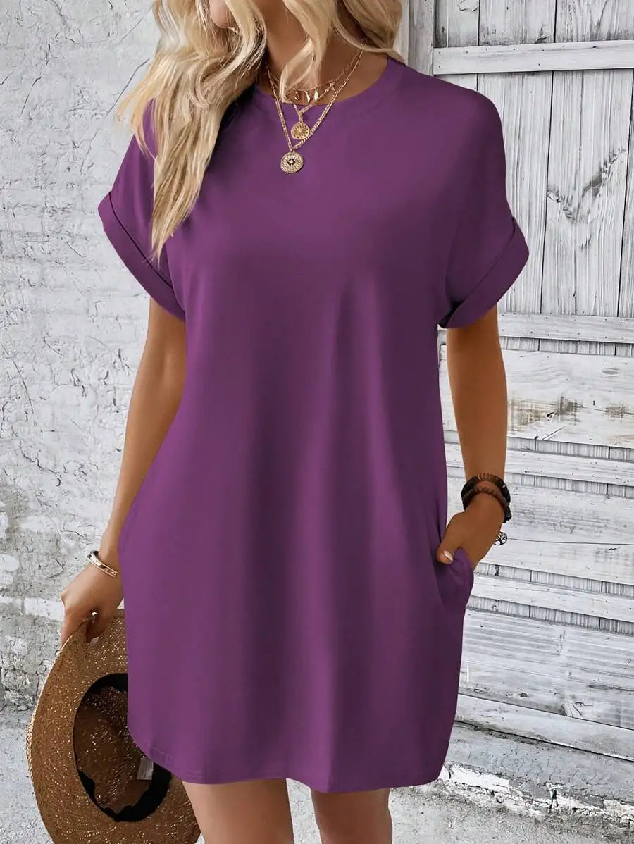 Beige Solid Batwing Sleeve Loose Mini Dress for Casual Summer Wear