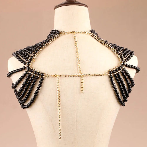 A bridal-style pearl-inspired shawl necklace, a decorative item suitable for weddings, parties, and gatherings.