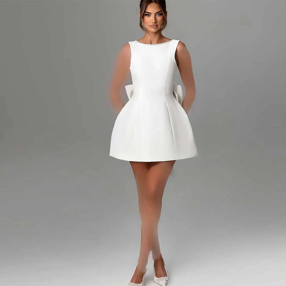 Mini SEXY Wedding Dresses Satin A-line Wedding Party Dress White O-Neck Pearls Bow Backless Zipper Short Wedding Dress 2025