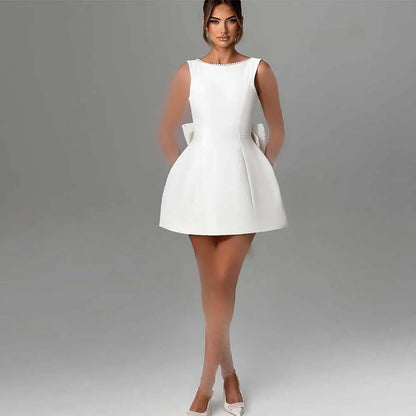 Mini SEXY Wedding Dresses Satin A-line Wedding Party Dress White O-Neck Pearls Bow Backless Zipper Short Wedding Dress 2025